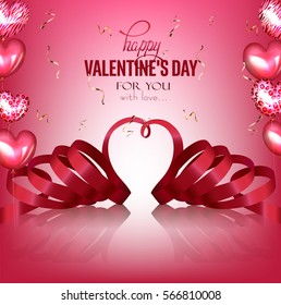 Valentine's Day background with pink curly ribbon ,flying confetti and heart shaped air balloons. Vector illustration