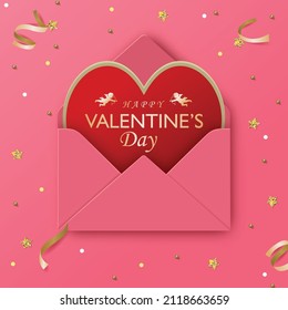 Valentine's day background. Pink envelope with red heart shaped card. Vector