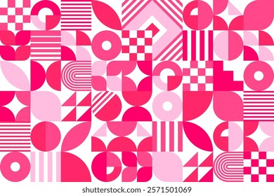 Valentines day background with pink geometric shapes. Vector abstract retro modern romantic grid pattern featuring circles, lines, and symmetrical simple minimal shapes and figures in pink and white