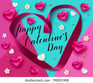 Valentines Day Background with Pink Heart silk ribbon for banner poster vector illustration