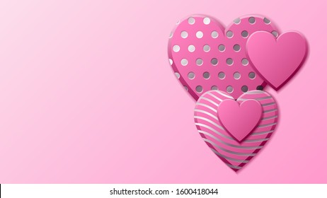 Valentines Day background with pink hearts and silver pattern. Silver luxury cover on roseate background. Pink holidays poster, card, add, header, website, article for valentines day