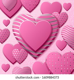 Valentines Day background with pink hearts and silver pattern. Silver luxury cover on roseate background. Pink holidays poster, card, add, header, website, article for valentines day