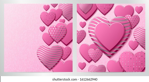 Valentines Day background with pink hearts and silver pattern. Silver luxury cover on roseate background. Pink holidays poster, card, add, header, website, article for valentines day
