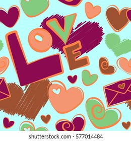 Valentines day background in pink, orange and purple colors. Abstract love seamless pattern. Vector heart, love letter and text seamless pattern.
