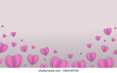 Valentine's Day background with pink paper hearts. Packaging design for sweets, gift certificates, paper, clothes.