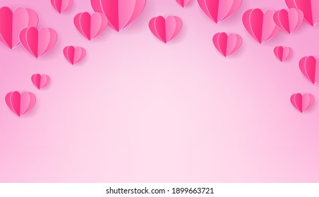 Valentine's day background, Pink paper hearts flying on pink background, Cute love banner or greeting card, Vector illustration