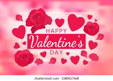 Valentine's day background. Pink pastel background, red roses, petals, hearts. Vector illustration, greeting card. For wallpaper, flyers, invitations, posters, brochure, voucher, banners, templates.