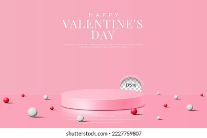 Antecedentes del Día de San Valentín. podio rosado con bola para visualización de producto, 3d Ilustración vectorial realista