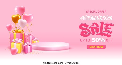 Fondo del Día de San Valentín con pantalla de producto rosa y globos en forma de corazón con cinta dorada, cajas de regalo y oropel. Plantilla de publicidad para la venta de vacaciones. Ilustración del vector 3d