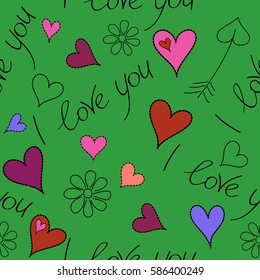 Valentines Day background in pink, purple and violet colors. Vector hearts and I love you text. Pattern with hearts and chamomile flower.