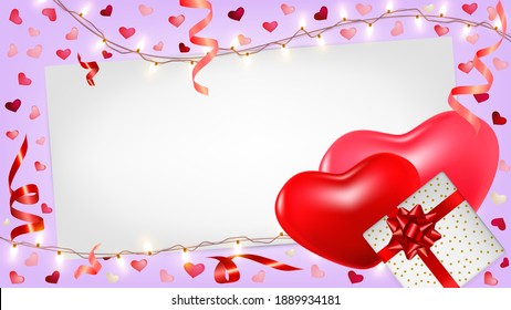 Valentines day background with pink and red hearts, gifts box, shining garlands, tinsel. Cute romantic composition for greeting card, flyer, banner, wedding invitation