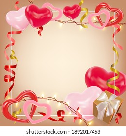 Antecedentes del día de San Valentín con corazones rosados y rojos, brillantes guirnaldas, caja de regalos, mejillón. Composición romántica para tarjeta de saludo, volante, pancarta, invitación a la boda