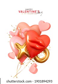 Valentine's Day Background. Pink and Red balloons in shape of hearts, gold metal text XO XO. Realistic design with romantic decorative objects in 3d. Bright holiday composition. Vector illustration