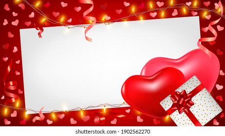 Valentines day background with pink and red hearts, gifts box, shining garlands, tinsel. Cute romantic composition for greeting card, flyer, banner, wedding invitation