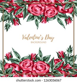 Valentine's day background of pink rose branches with frame on white background for your copy space. Design for Valentines day concept. Vector illustration.