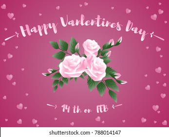 Valentines day background of pink rose flowers branches on pink background with Happy Valentine's day 14th FEB text. Design for Valentines day greeting card or banner. Vector illustration.