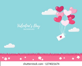 Valentines Day background with pink tone balloons in a heart shape hang envelope floating on pink meadow with sky and cloud. Concept of love and valentine day.
