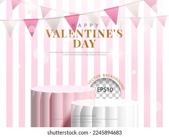 Valentine's day background. pink and white flower shape podium on pink, white background for product display, 3d Realistic vector illustration