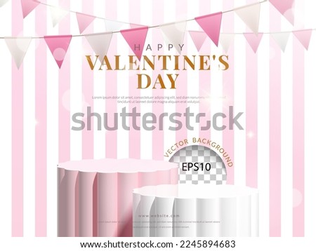 Valentine's day background. pink and white flower shape podium on pink, white background for product display, 3d Realistic vector illustration