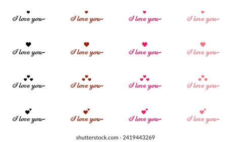 Valentines day background with pixel art hearts and cursive type typography of I love you text. Vector illustration. posters, brochure, banner, black and white, red, hot pink, pastel pink