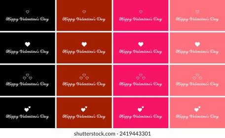 Valentinstag Hintergrund mit Pixelkunstherzen und kursiver Typografie von Happy Valentines Day Text. Vektorgrafik. Plakate, Broschüren, Banner, schwarz-weiß, rot, heiß rosa, pastellrosa