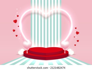 Valentine's day background. Podium heart shape for product display decorated with heart neon lighting and love elements. Studio vintage style abstract. Vector illustration.