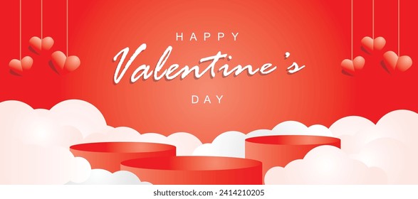 Valentine's Day background with podium show product and heart-shaped balloons.