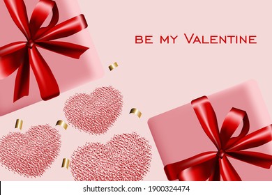 Valentine's Day background. Valentine's postcard. Heart made of confetti, realistic 3d gift wrapping with satin ribbon and bow. Web banner, poster, flyer, brochure, postcard, cover, background.