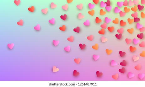 Valentine's Day Background. Poster Template. Many Random Falling Purple Hearts on Hologram Backdrop. Heart Confetti Pattern. Vector Valentine's Day Background.
