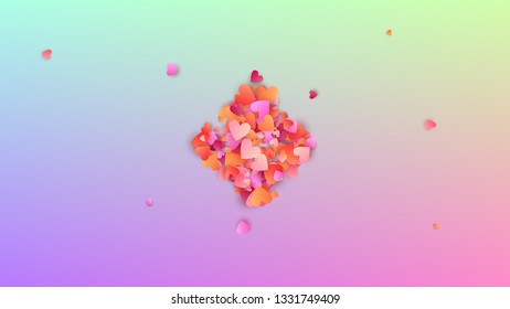 Valentine's Day Background. Poster Template. Heart Confetti Pattern. Many Random Falling Pink Hearts on Hologram Backdrop. Vector Valentine's Day Background.