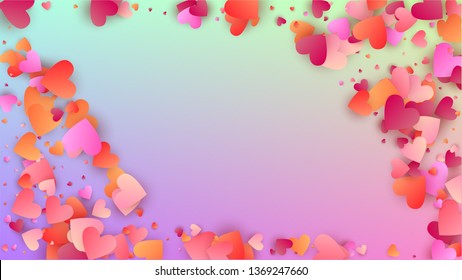 Valentine's Day Background. Poster Template. Many Random Falling Purple Hearts on Hologram Backdrop. Heart Confetti Pattern. Vector Valentine's Day Background.