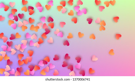 Valentine's Day Background. Poster Template. Many Random Falling Purple Hearts on Hologram Backdrop. Heart Confetti Pattern. Vector Valentine's Day Background.