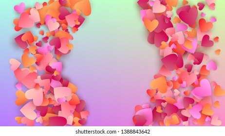 Valentine's Day Background. Poster Template. Heart Confetti Pattern. Many Random Falling Pink Hearts on Hologram Backdrop. Vector Valentine's Day Background.