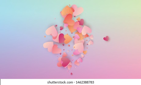 Valentine's Day Background. Poster Template. Heart Confetti Pattern. Many Random Falling Purple Hearts on Hologram Backdrop. Vector Valentine's Day Background.