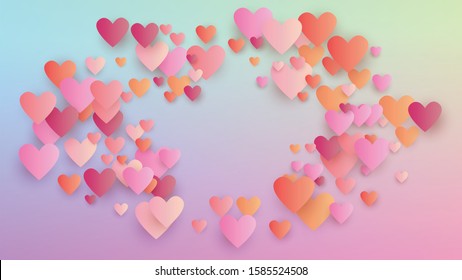 Valentine's Day Background. Poster Template. Many Random Falling Red Hearts on Hologram Backdrop. Heart Confetti Pattern. Vector Valentine's Day Background.