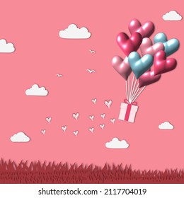 Valentine's day background for posters, banners or love letters.  Valentines background with 3d heart shaped hot air balloon.