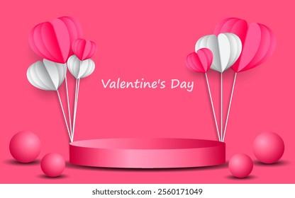 Valentine's day background with product display and Heart Shaped Balloons. vector illustration