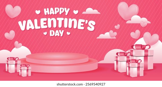 Valentines day background with product display cylinder stand podium banner and Heart Balloons