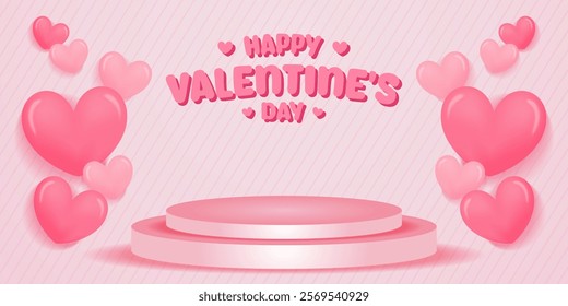 Valentines day background with product display cylinder stand podium banner and Heart Balloons