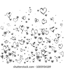 Valentines day background with random hand drawn falling silver hearts isolated on white.