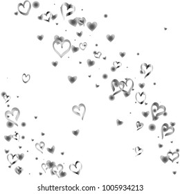 Valentines day background with random hand drawn falling silver hearts isolated on white.