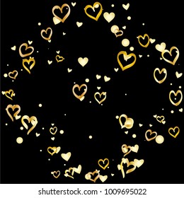 Valentines day background with random hand drawn falling golden hearts isolated on black.