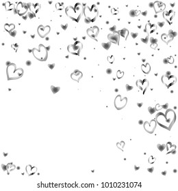 Valentines day background with random hand drawn falling silver hearts isolated on white.