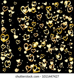 Valentines day background with random hand drawn falling golden hearts isolated on black.