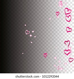 Valentines day background with random hand drawn falling pink hearts on transparent background.