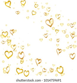 Valentines day background with random hand drawn falling golden hearts isolated on white.