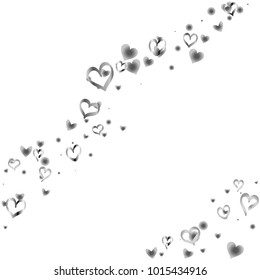 Valentines day background with random hand drawn falling silver hearts isolated on white.