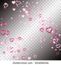 Valentines day background with random hand drawn falling pink hearts on transparent background.