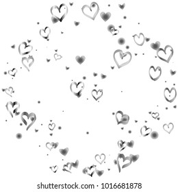 Valentines day background with random hand drawn falling silver hearts isolated on white.
