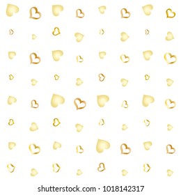 Valentines day background with random hand drawn falling golden hearts isolated on white.